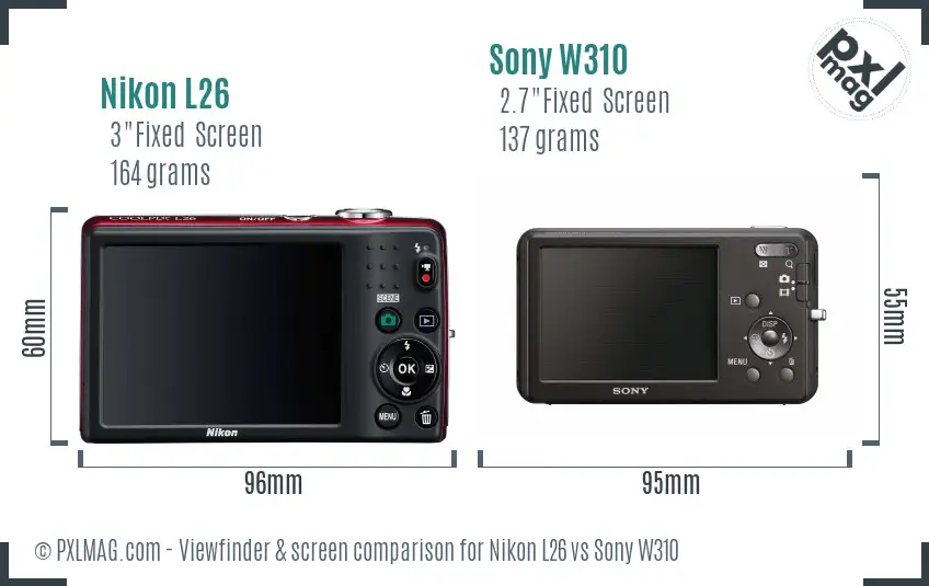 Nikon L26 vs Sony W310 Screen and Viewfinder comparison