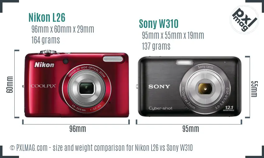 Nikon L26 vs Sony W310 size comparison