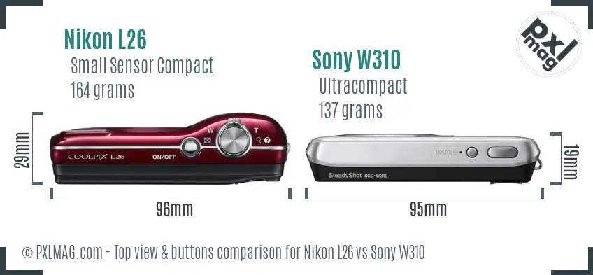 Nikon L26 vs Sony W310 top view buttons comparison