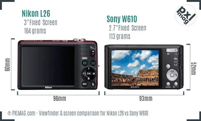 Nikon L26 vs Sony W610 Screen and Viewfinder comparison