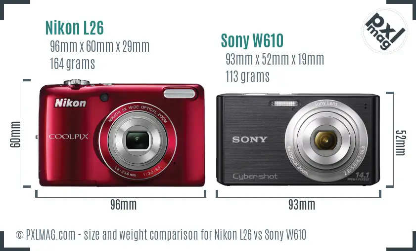 Nikon L26 vs Sony W610 size comparison