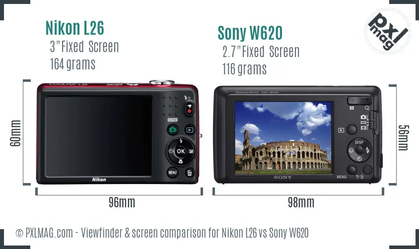 Nikon L26 vs Sony W620 Screen and Viewfinder comparison