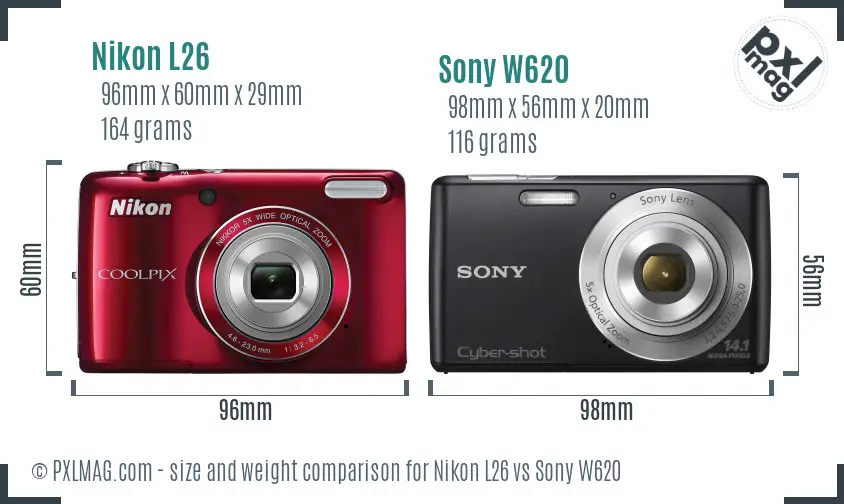 Nikon L26 vs Sony W620 size comparison