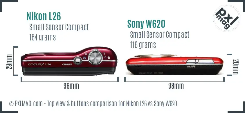 Nikon L26 vs Sony W620 top view buttons comparison