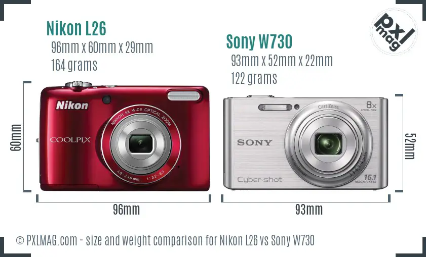 Nikon L26 vs Sony W730 size comparison