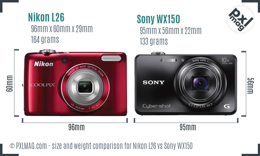 Nikon L26 vs Sony WX150 size comparison