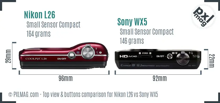 Nikon L26 vs Sony WX5 top view buttons comparison