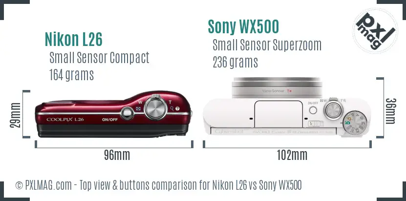 Nikon L26 vs Sony WX500 top view buttons comparison Nikon L26 vs Sony WX500 top view buttons comparison