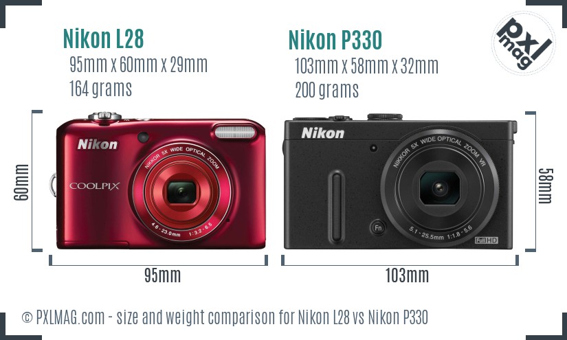 Nikon L28 vs Nikon P330 size comparison