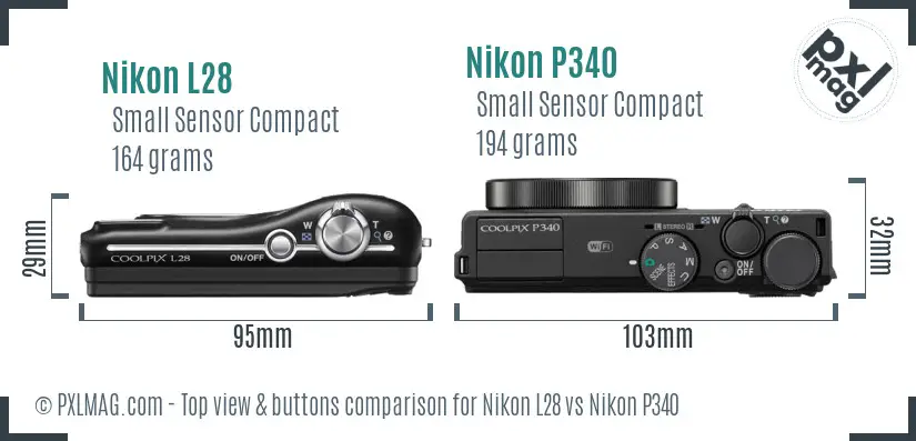 Nikon L28 vs Nikon P340 top view buttons comparison Nikon L28 vs Nikon P340 top view buttons comparison