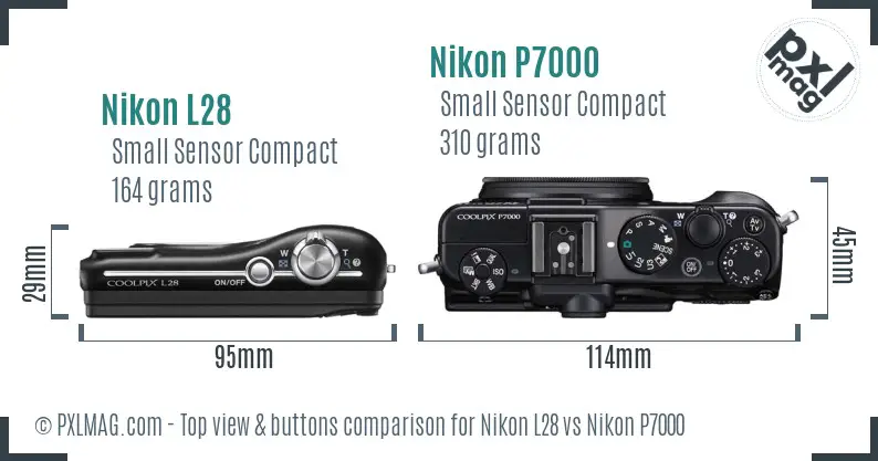 Nikon L28 vs Nikon P7000 top view buttons comparison Nikon L28 vs Nikon P7000 top view buttons comparison