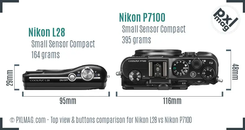Nikon L28 vs Nikon P7100 top view buttons comparison Nikon L28 vs Nikon P7100 top view buttons comparison