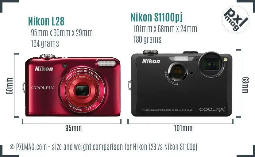 Nikon L28 vs Nikon S1100pj size comparison