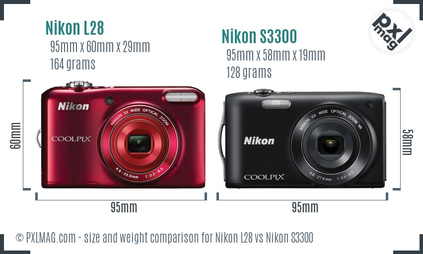 Nikon L28 vs Nikon S3300 size comparison