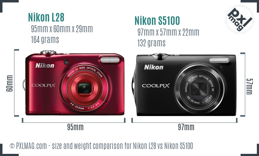 Nikon L28 vs Nikon S5100 size comparison