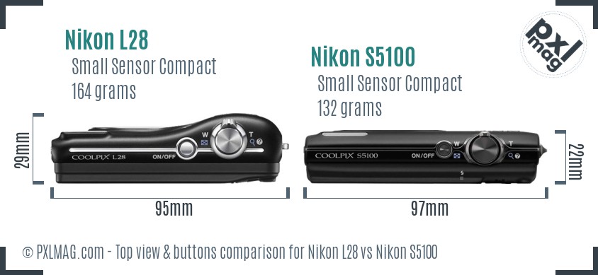 Nikon L28 vs Nikon S5100 top view buttons comparison