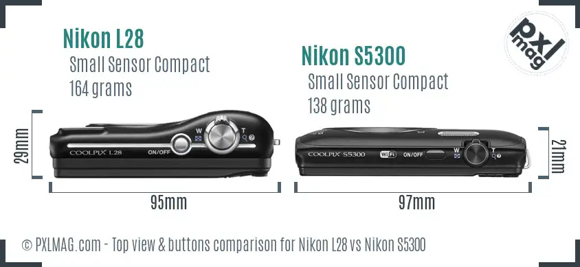 Nikon L28 vs Nikon S5300 top view buttons comparison Nikon L28 vs Nikon S5300 top view buttons comparison