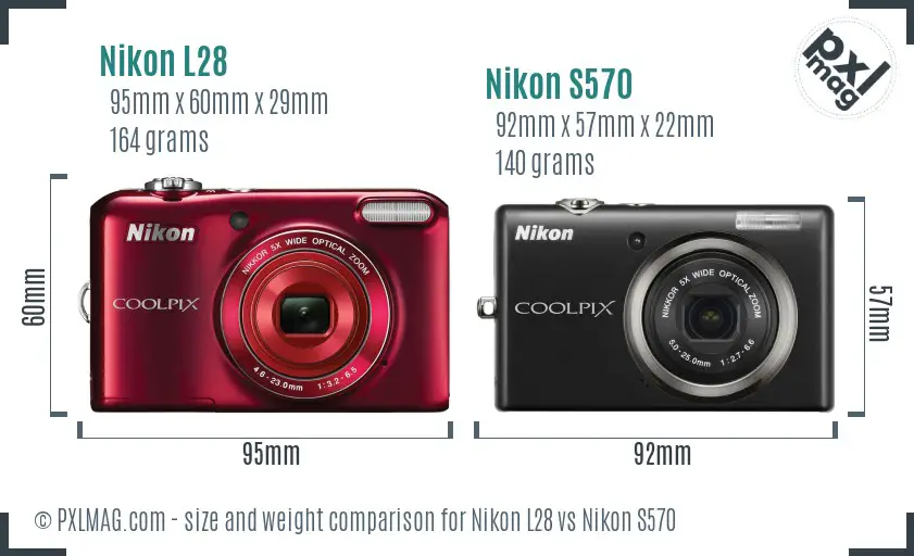 Nikon L28 vs Nikon S570 size comparison