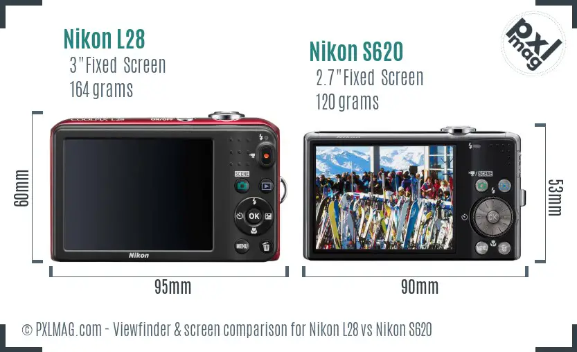 Nikon L28 vs Nikon S620 Screen and Viewfinder comparison