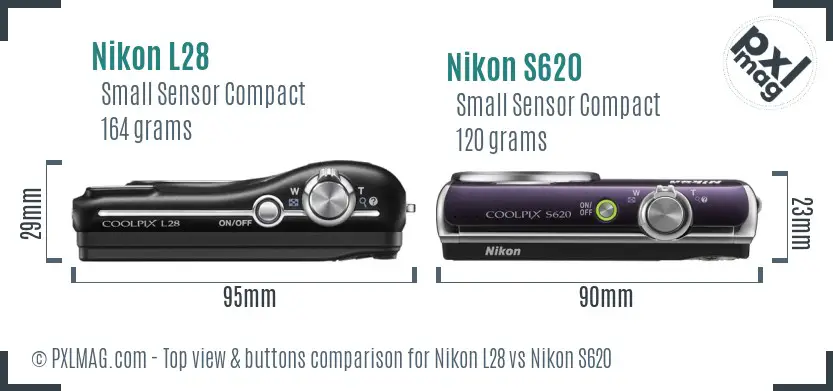 Nikon L28 vs Nikon S620 top view buttons comparison