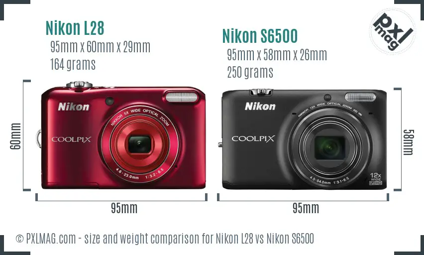 Nikon L28 vs Nikon S6500 size comparison