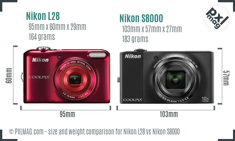 Nikon L28 vs Nikon S8000 size comparison
