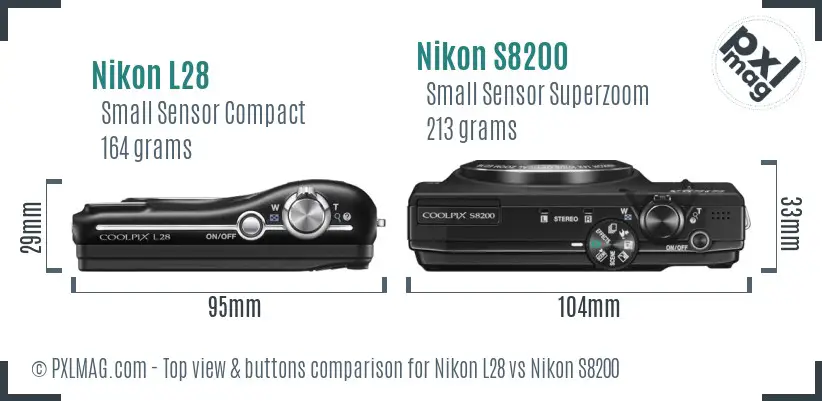 Nikon L28 vs Nikon S8200 top view buttons comparison