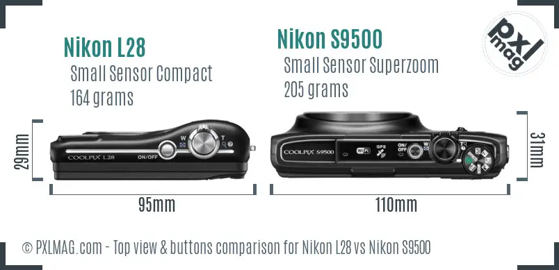 Nikon L28 vs Nikon S9500 top view buttons comparison Nikon L28 vs Nikon S9500 top view buttons comparison