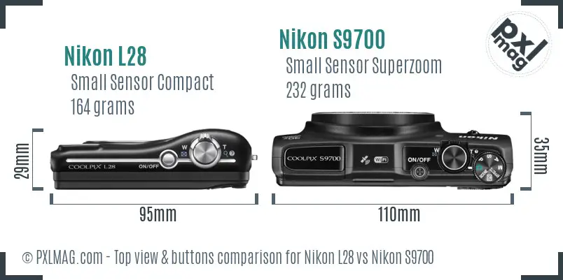 Nikon L28 vs Nikon S9700 top view buttons comparison