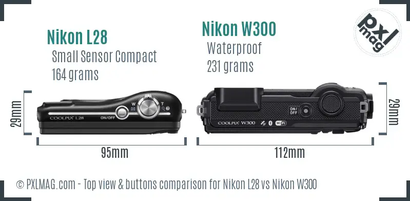 Nikon L28 vs Nikon W300 top view buttons comparison Nikon L28 vs Nikon W300 top view buttons comparison