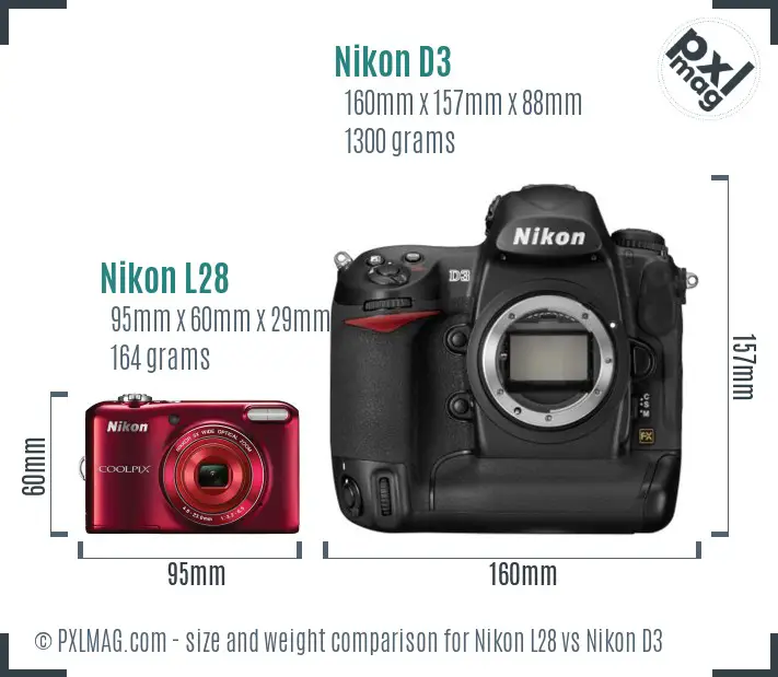 Nikon L28 vs Nikon D3 size comparison
