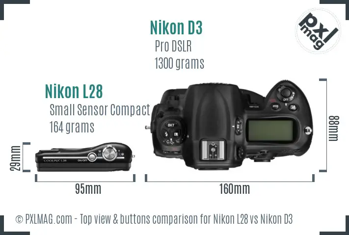 Nikon L28 vs Nikon D3 top view buttons comparison