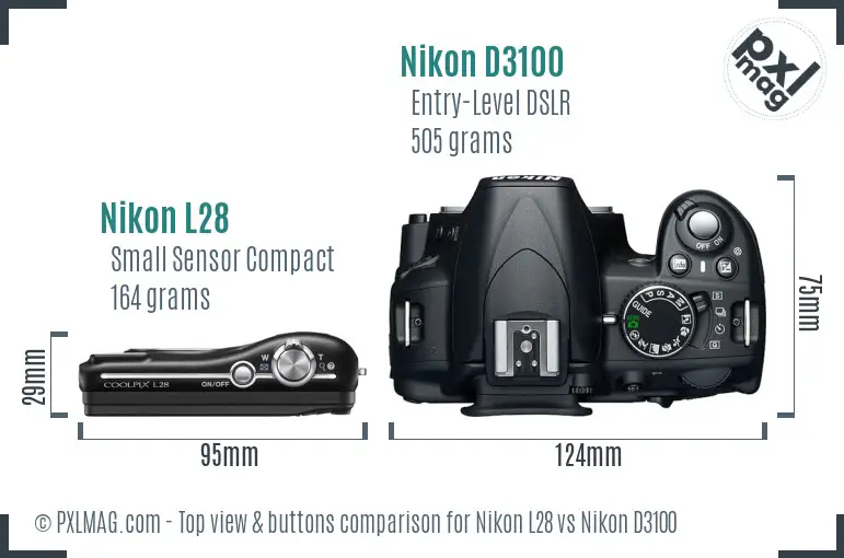 Nikon L28 vs Nikon D3100 top view buttons comparison