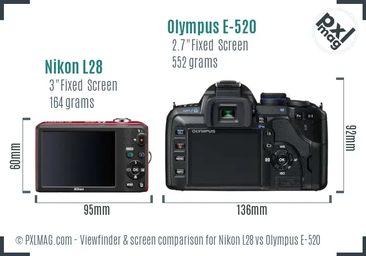 Nikon L28 vs Olympus E-520 Screen and Viewfinder comparison