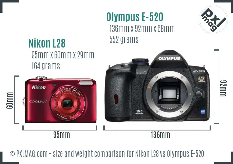 Nikon L28 vs Olympus E-520 size comparison