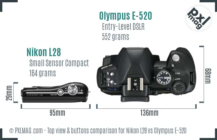 Nikon L28 vs Olympus E-520 top view buttons comparison