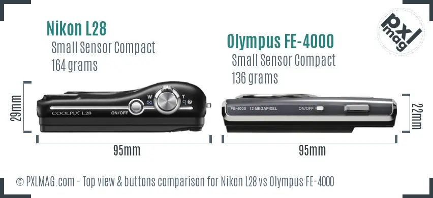 Nikon L28 vs Olympus FE-4000 top view buttons comparison Nikon L28 vs Olympus FE-4000 top view buttons comparison
