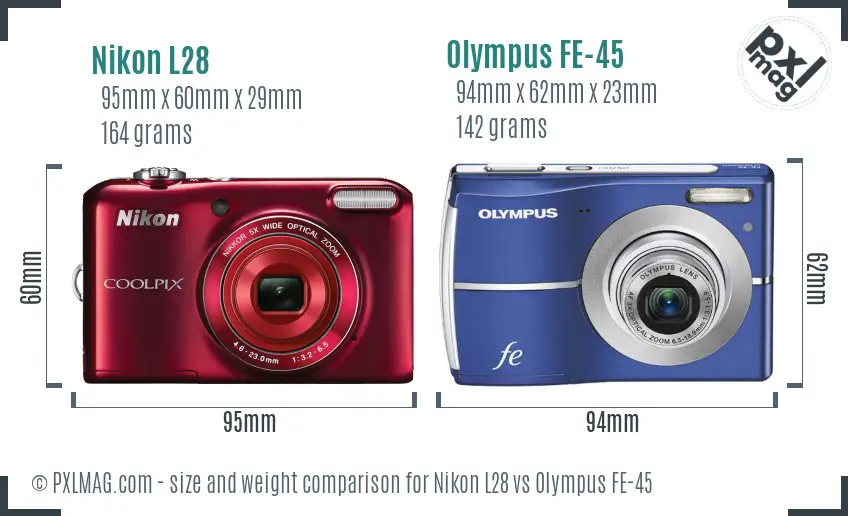 Nikon L28 vs Olympus FE-45 size comparison