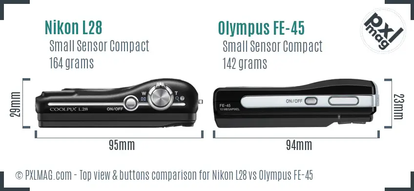 Nikon L28 vs Olympus FE-45 top view buttons comparison