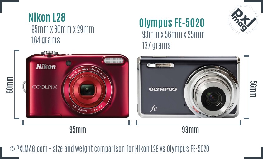 Nikon L28 vs Olympus FE-5020 size comparison