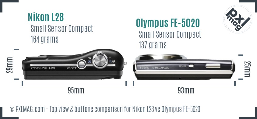Nikon L28 vs Olympus FE-5020 top view buttons comparison
