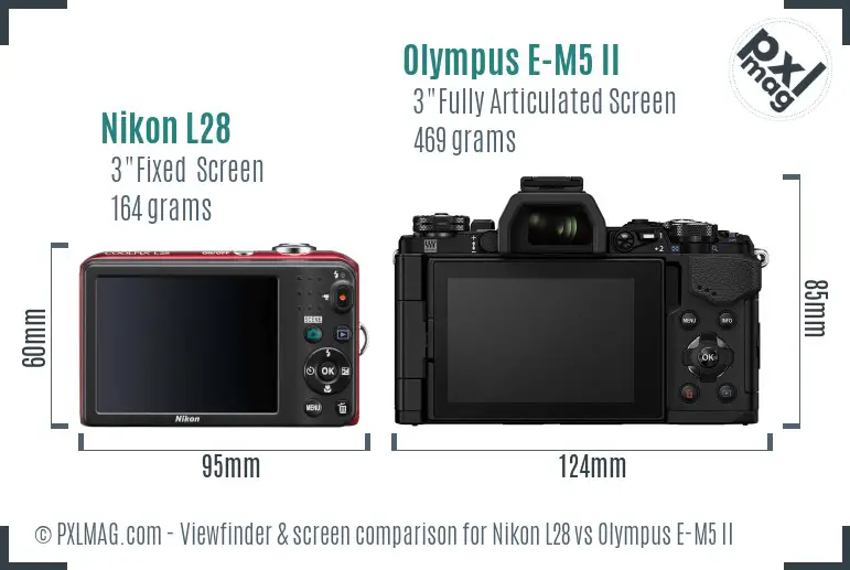 Nikon L28 vs Olympus E-M5 II Screen and Viewfinder comparison