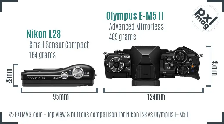 Nikon L28 vs Olympus E-M5 II top view buttons comparison