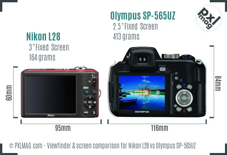 Nikon L28 vs Olympus SP-565UZ Screen and Viewfinder comparison