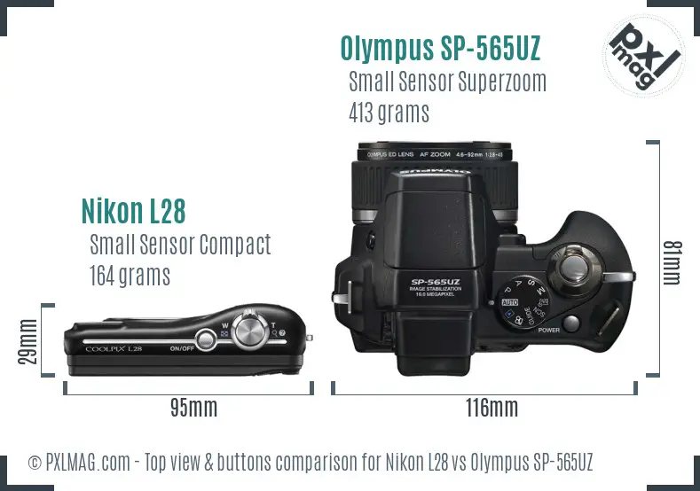 Nikon L28 vs Olympus SP-565UZ top view buttons comparison