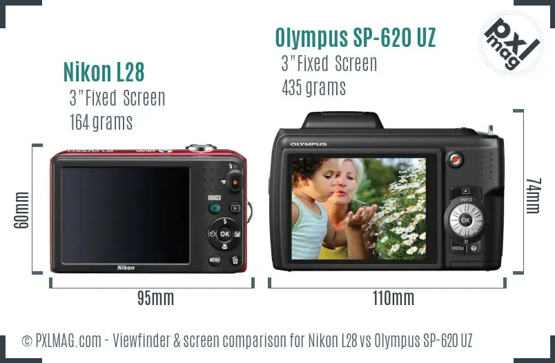 Nikon L28 vs Olympus SP-620 UZ Screen and Viewfinder comparison