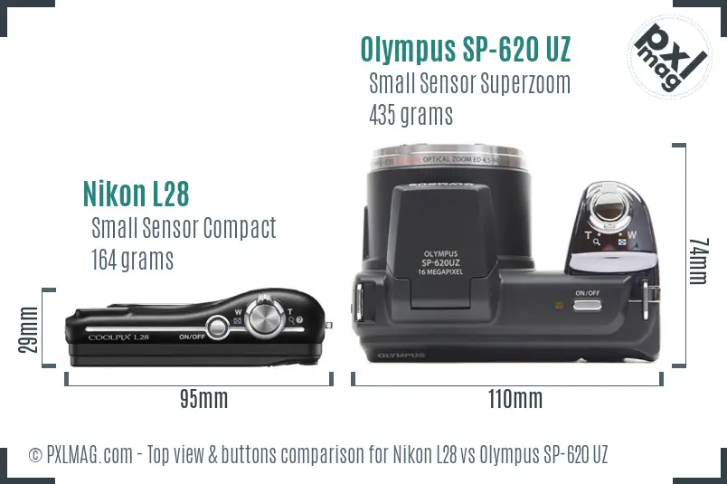 Nikon L28 vs Olympus SP-620 UZ top view buttons comparison