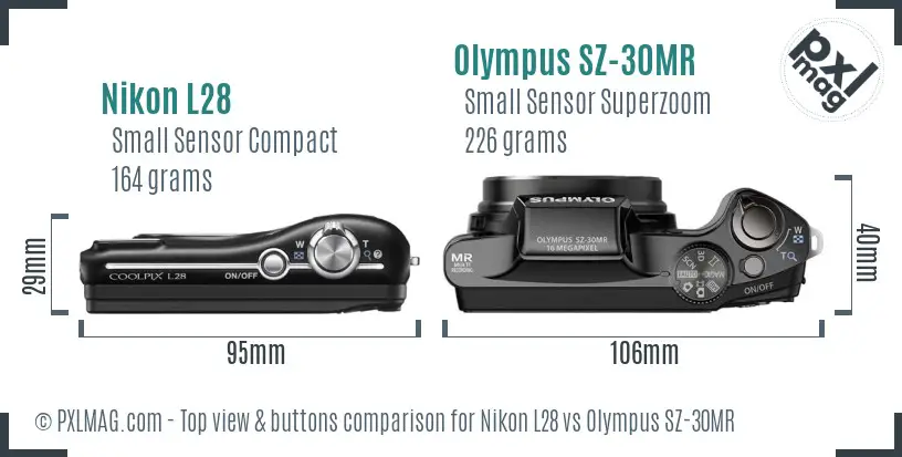 Nikon L28 vs Olympus SZ-30MR top view buttons comparison