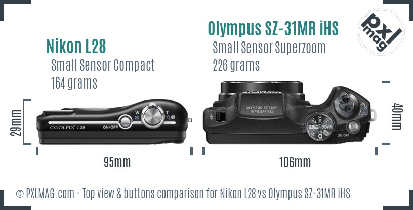 Nikon L28 vs Olympus SZ-31MR iHS top view buttons comparison