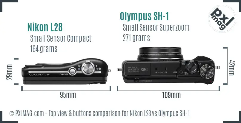 Nikon L28 vs Olympus SH-1 top view buttons comparison